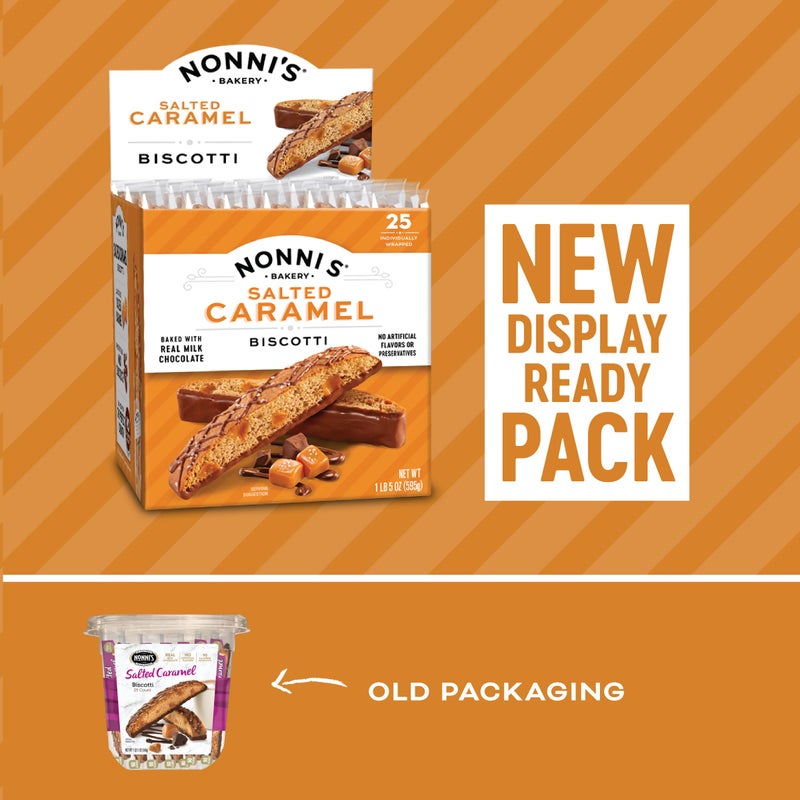 Nonni's Salted Caramel Milk Chocolate Biscotti Cookies - Individually Wrapped Italian Coffee Snack, Crunchy Twice-Baked, 90 Cal Each, 21 oz Carton - Image 3